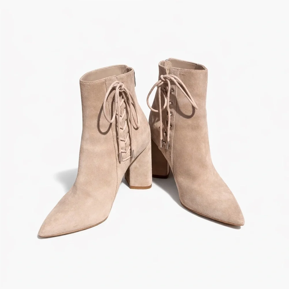 Kendall & Kylie Taupe Suede Lace-Up Ankle Booties Pointed Toe Block Heel - Picture 4 of 13
